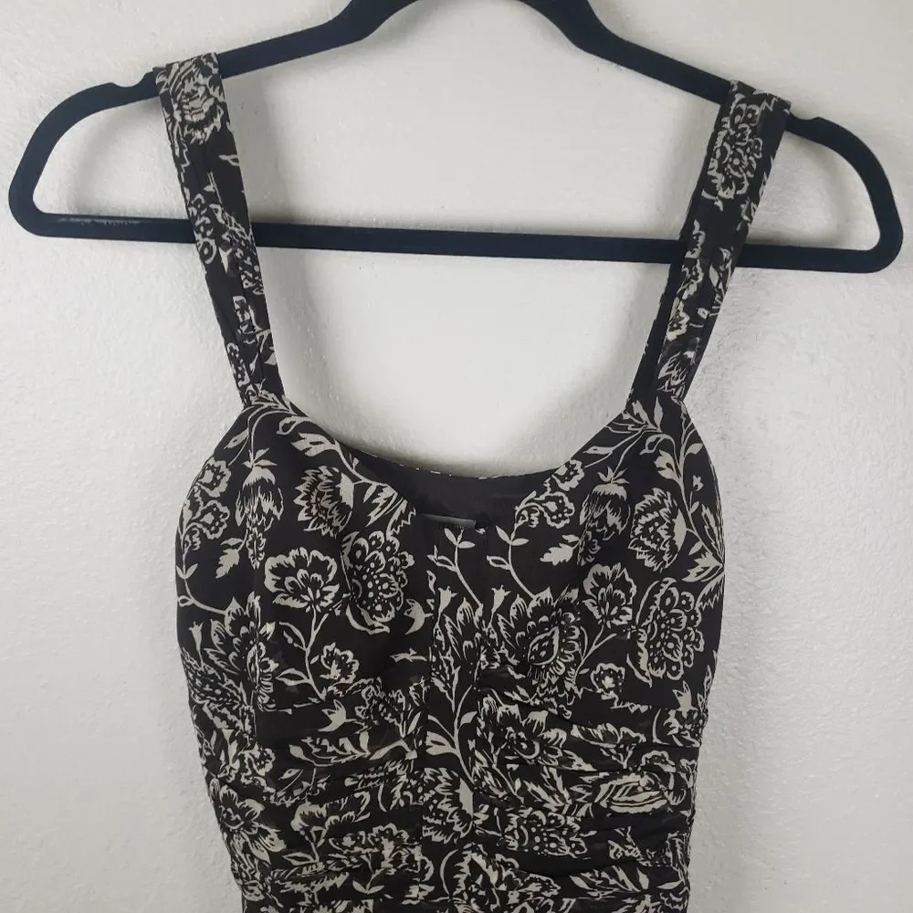 Women's Ann Taylor Brown Chiffon Floral Ruched Business Casual Attire Size 02 - Picture 3 of 11